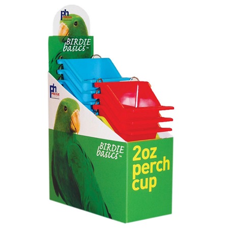 2oz Prevue Pets Plastic High Back Coop Cup with wire hooks and an attached perch - Finch and Canary Cage Accessories